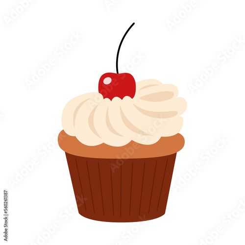 Set of pastries, muffins in cupcake paper. Vanilla and chocolate cakes decorated with whipped cream, berries and cherry. Sweet sugar desserts. Colored vector illustration isolated on white background