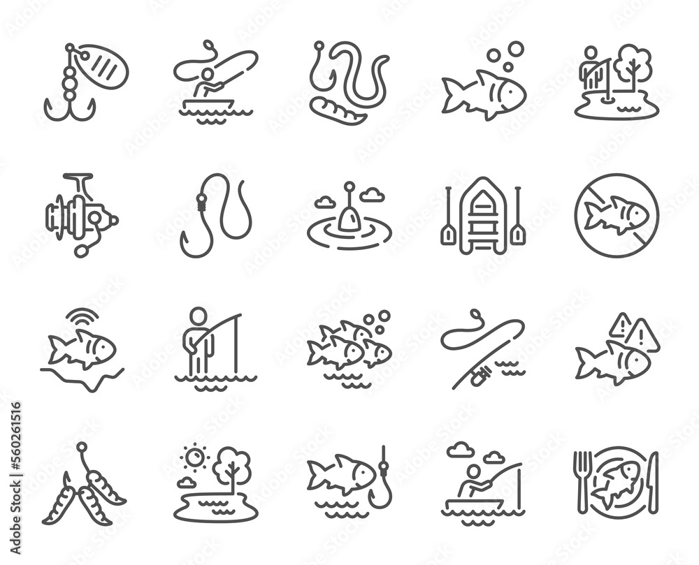 Fishing line icons. Inflatable boat, Worms or Maggot bait and Fishing rod set. Float bobber, echo sounder and hook with worms line icons. Fisherman in boat, spinning rod and maggot lure. Vector