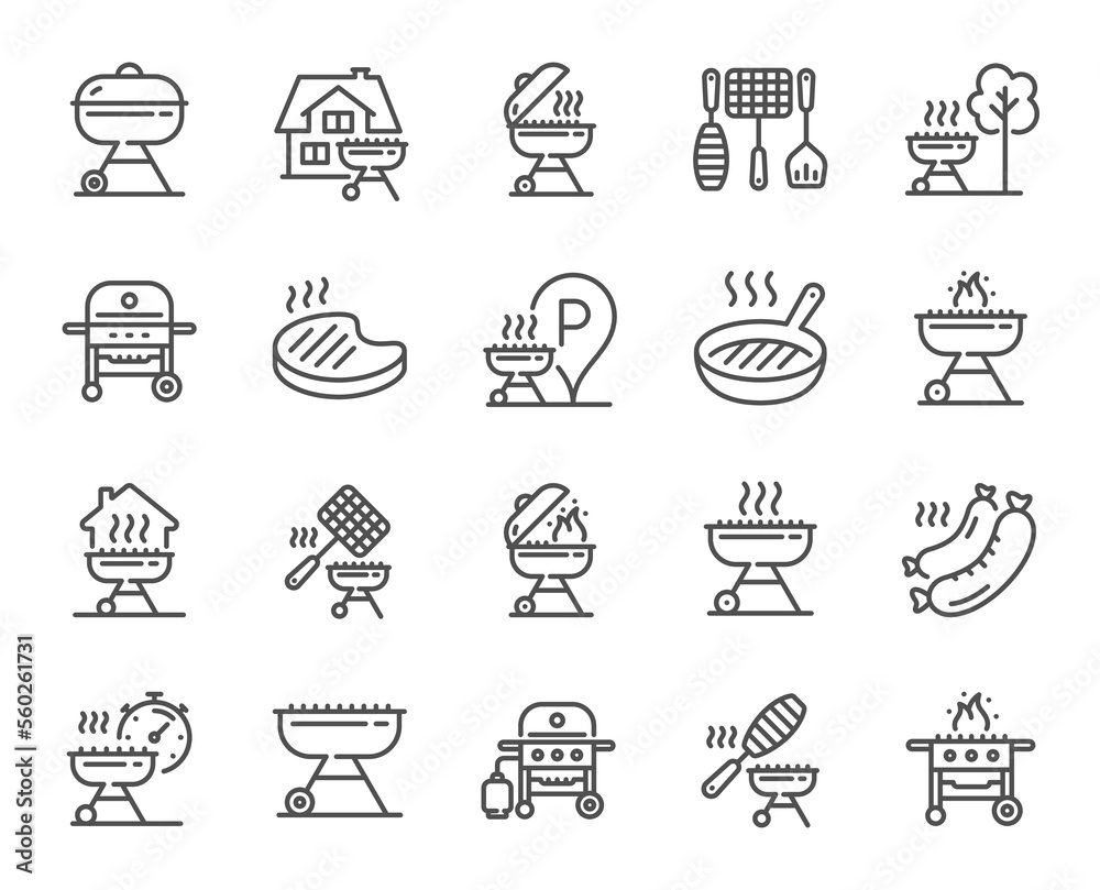 Grill line icons. Salmon meat steak, Bbq smoker and Fire cooking set. Gas-fueled grill, hot pan and barbecue sausage icons. Grilled beef steak meat, roasted food and fish grilling basket. Vector Grill line icons. Salmon meat steak, Bbq smoker and Fire cooking set. Gas-fueled grill, hot pan and barbecue sausage icons. Grilled beef steak meat, roasted food and fish grilling basket. Vector