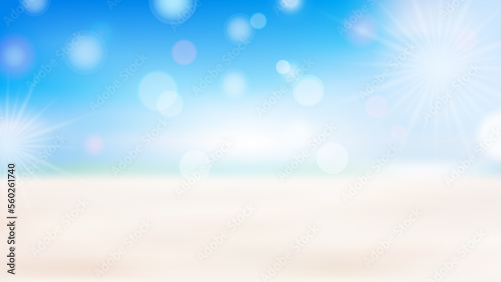 Blurred tropical beach with bokeh sunlight background. Abstract soft blue sky and yellow beach, blurred summer gradient. Copy space of outdoor summer vacation and travel adventure concept