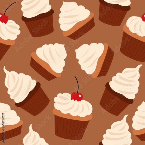 Seamless pattern with pastries, muffins in cupcake paper. Vanilla and chocolate cakes decorated with whipped cream, berries and cherry. Sweet sugar desserts. Colored vector illustration