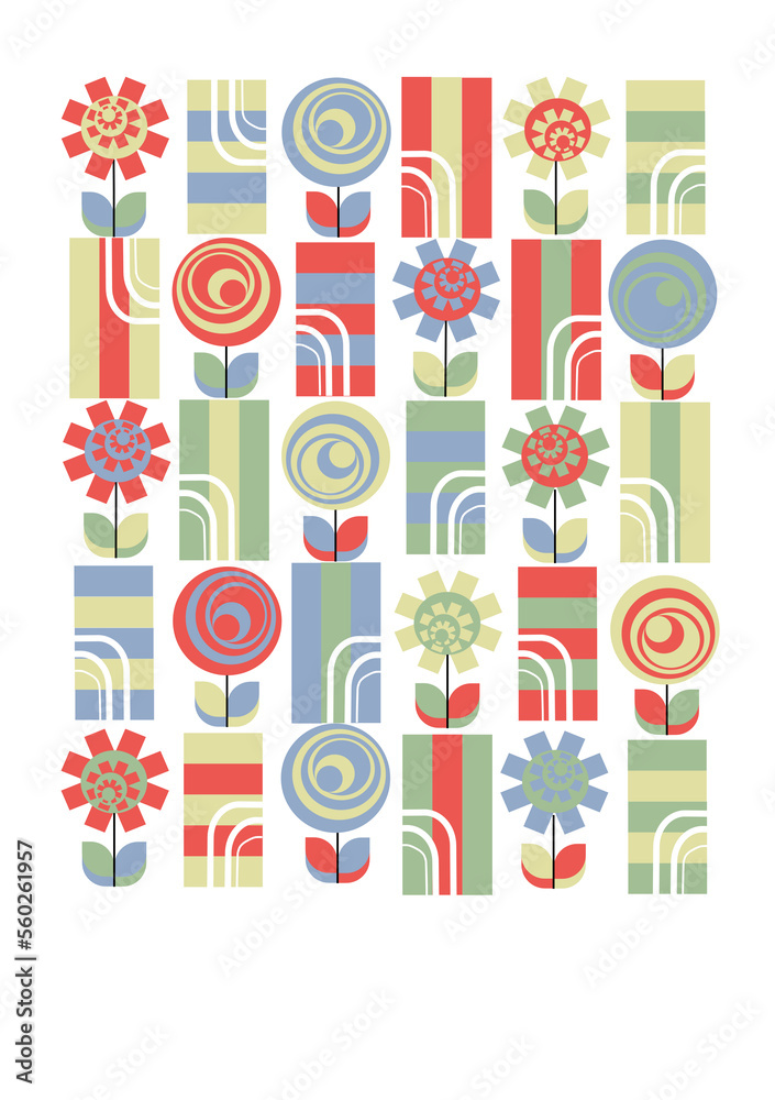 Digital illustration. Poster with an abstract drawing of multicolored flowers and stripes