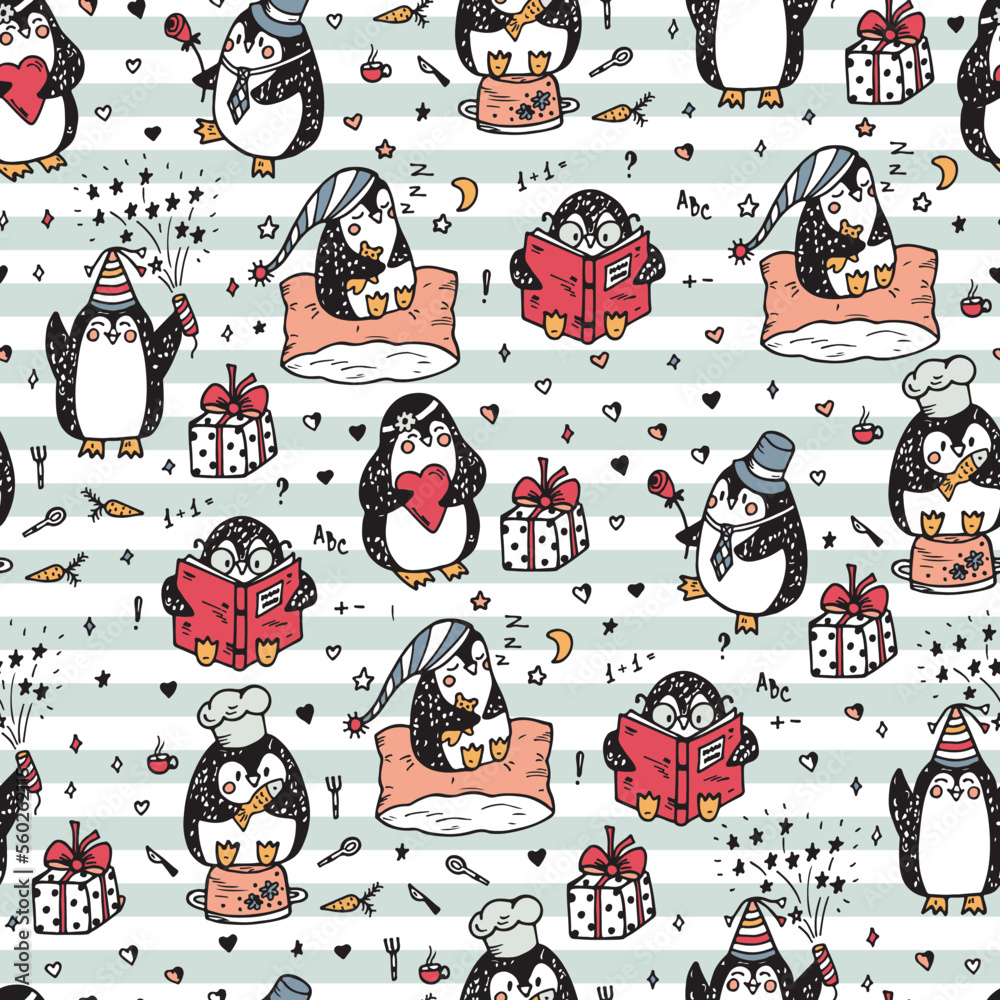 Penguins. Hand drawn doodle Cute penguins vector Seamless pattern. Funny penguins Seamless background. Colorful wallpaper for children with penguins. Penguins. Hand drawn doodle Cute penguins vector Seamless pattern. Funny penguins Seamless background. Colorful wallpaper for children with penguins.