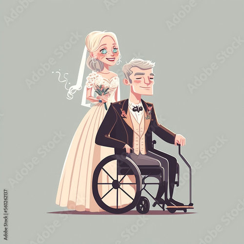 Disabled bride and groom couple getting married in a wheelchair, wedding dress and tuxedo, married couple in love. Marriage customs, traditions