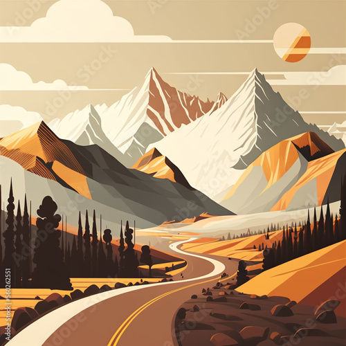 stunning vector of landscape  road  moutains  white  light brown Generating AI Technology