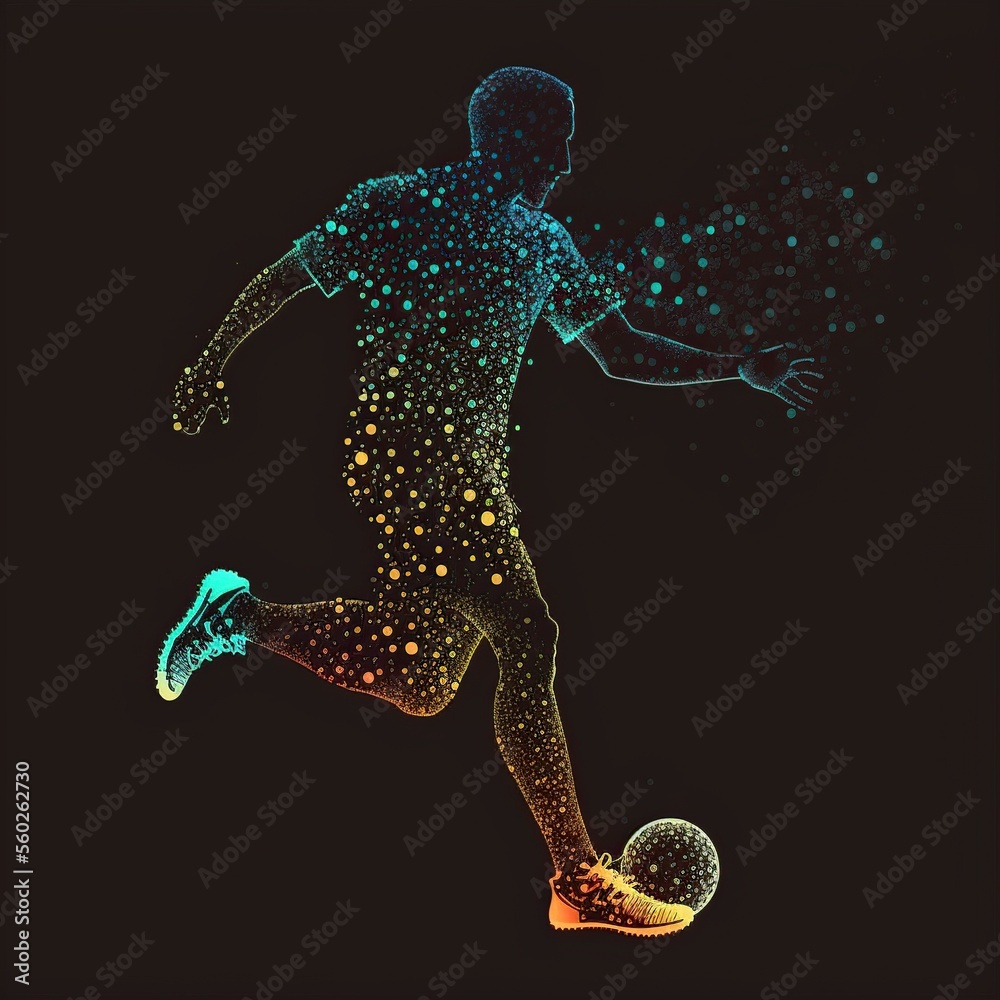 Fototapeta premium illustration, of transparent colored lines, forming the figure of a man playing soccer,image generated by AI.
