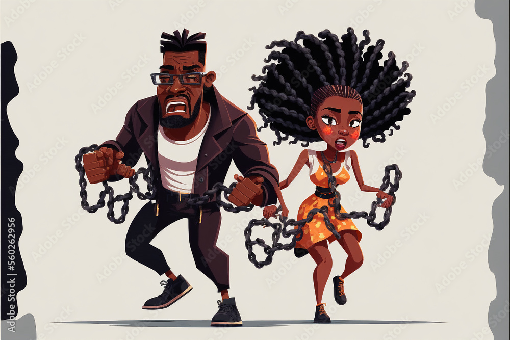 A black man and black woman break free from chains, running away, breaking free, black powerful people, anti-racism, black couple