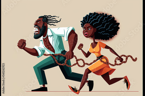 A black man and black woman break free from chains  running away  breaking free  black powerful people  anti-racism  black couple