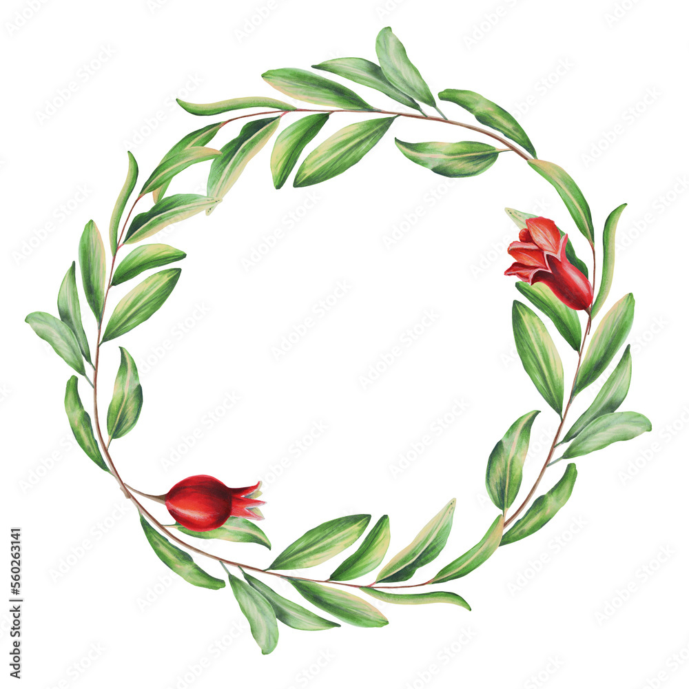 Watercolor pomegranate frame with a branch. Ripe slice, flowers and seeds of pomegranate. Hand drawn realistic tasty garnet red fruit isolated Watercolor pomegranate frame with a branch. Ripe slice, flowers and seeds of pomegranate. Hand drawn realistic tasty garnet red fruit isolated