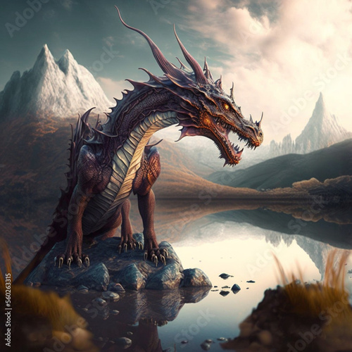 Imposing dragon with a lake in the background. Generative AI.   © DALU11