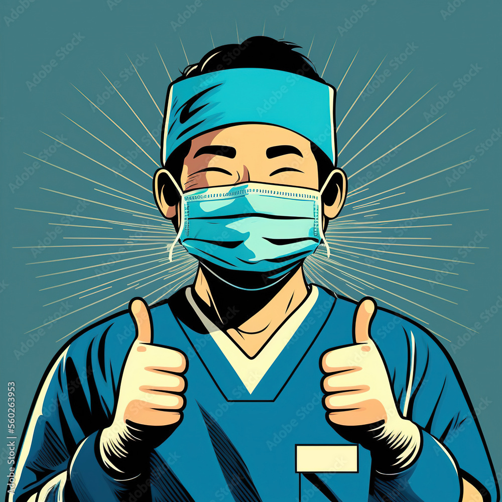 Asian doctor illustration giving thumbs up and looking happy while wearing a surgical mask, generative ai Asian doctor illustration giving thumbs up and looking happy while wearing a surgical mask, generative ai