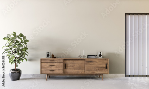 light beige concrete mock-up wall with wooden console and decoration, modern interior, negative copy space above, 3d rendering, 3d illustration © snorkulencija