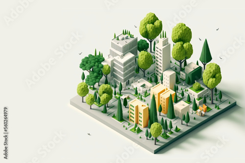 isometric sustainable city with trees in white background made with Generative AI photo