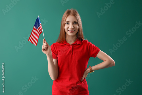 Young redhead woman with US...