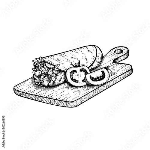 Hand drawn sketch style burrito on the cutting wooden board with tomatoes. Traditional Mexican and oriental street food. Food wrap. Vector illustration.