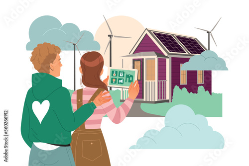 Man and Woman Couple at Smart Green House as Ecology and Planet Care Vector Illustration