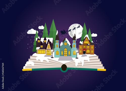 Imagination concept - christmas fairy tail story come out of a book. Book shop christmas. Sleeping town with santa's sleight on the sky. Perfect for book shop, publishing house, school. Winter time. 