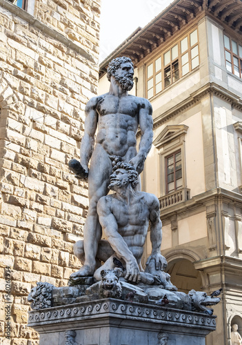 Statue of Hercules killing monster Cacus. The sculpture by Baccio Bandinelli on the Piazza della Signoria in front of the Palazzo Vecchio, Florence, Tuscany, Italy.