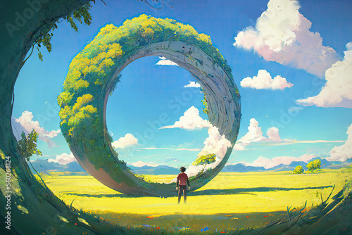 Man standing and looking at a giant overgrown ring in a lush field, digital art atyle, generative AI