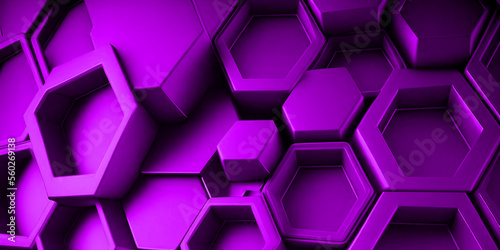Modern purple geometric background with 3d hexagons and abstract shapes