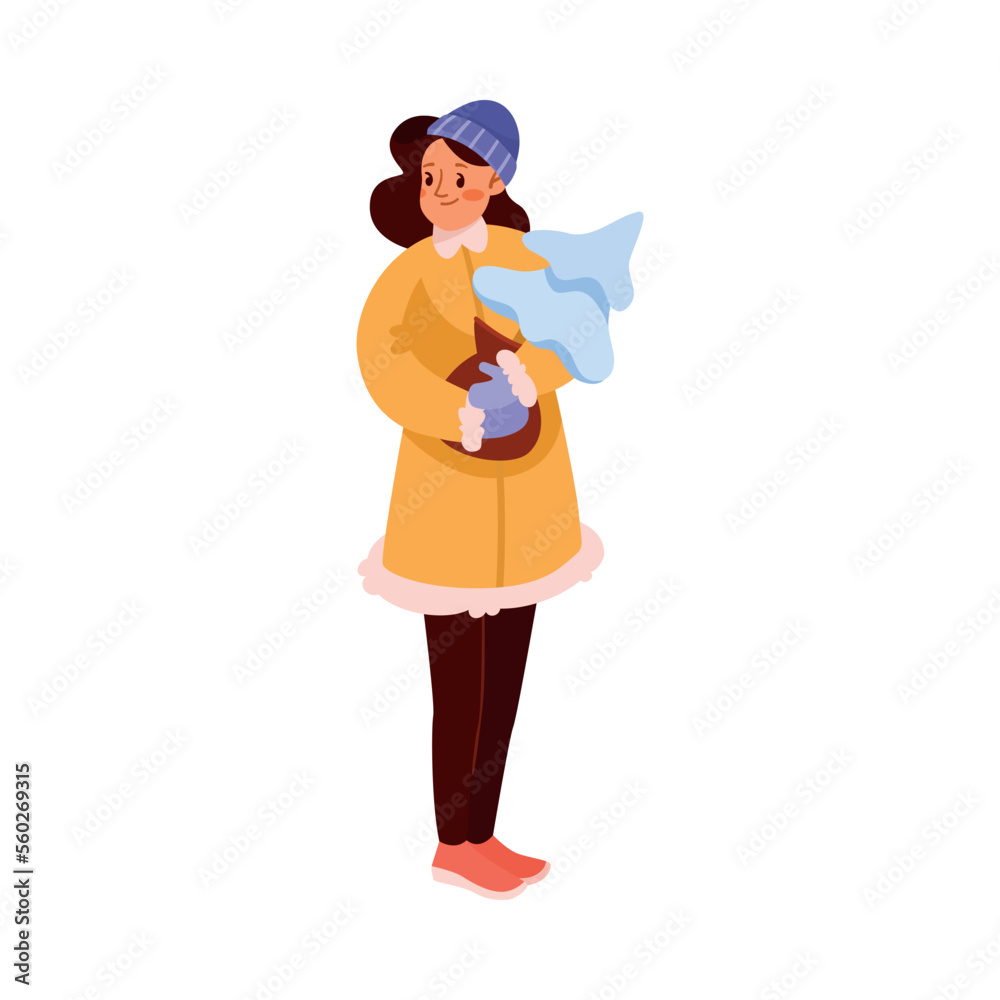 Winter Season with Happy Woman in Knitted Hat and Coat Holding Fir Tree Vector Illustration Winter Season with Happy Woman in Knitted Hat and Coat Holding Fir Tree Vector Illustration