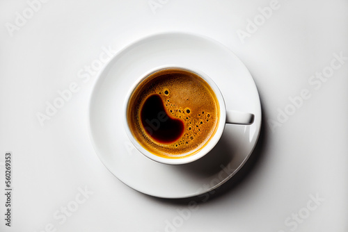 Top view close up white cup of coffee isolated on white background with clipping path. Food photography.