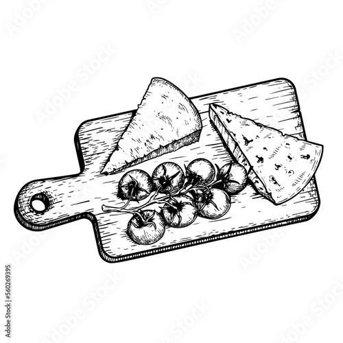 Traditional Italian cheese Parmegiano and Gorgonzola with cherry tomatoes on the cutting wooden board with handle. Hand drawn sketch style. Vector illustration isolated on white.