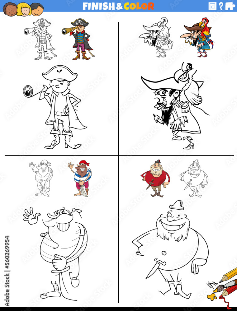 drawing and coloring task with pirate characters