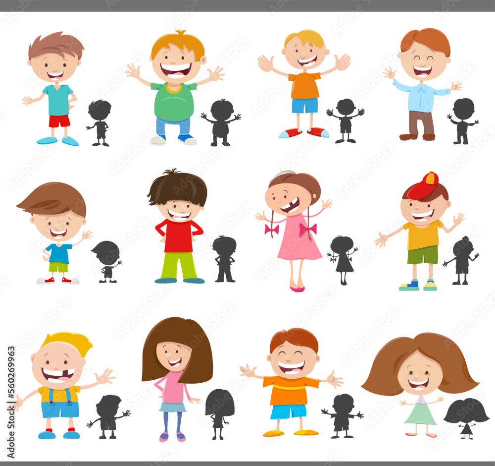 cartoon happy children characters with silhouettes set
