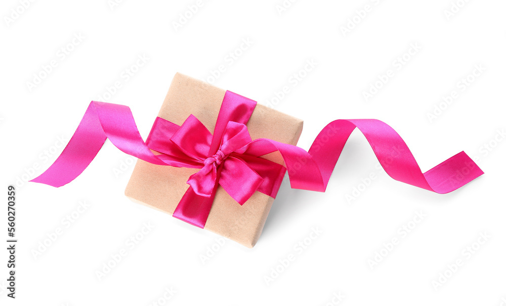 Gift box with pink bow for Valentine's Day on white background Gift box with pink bow for Valentine's Day on white background