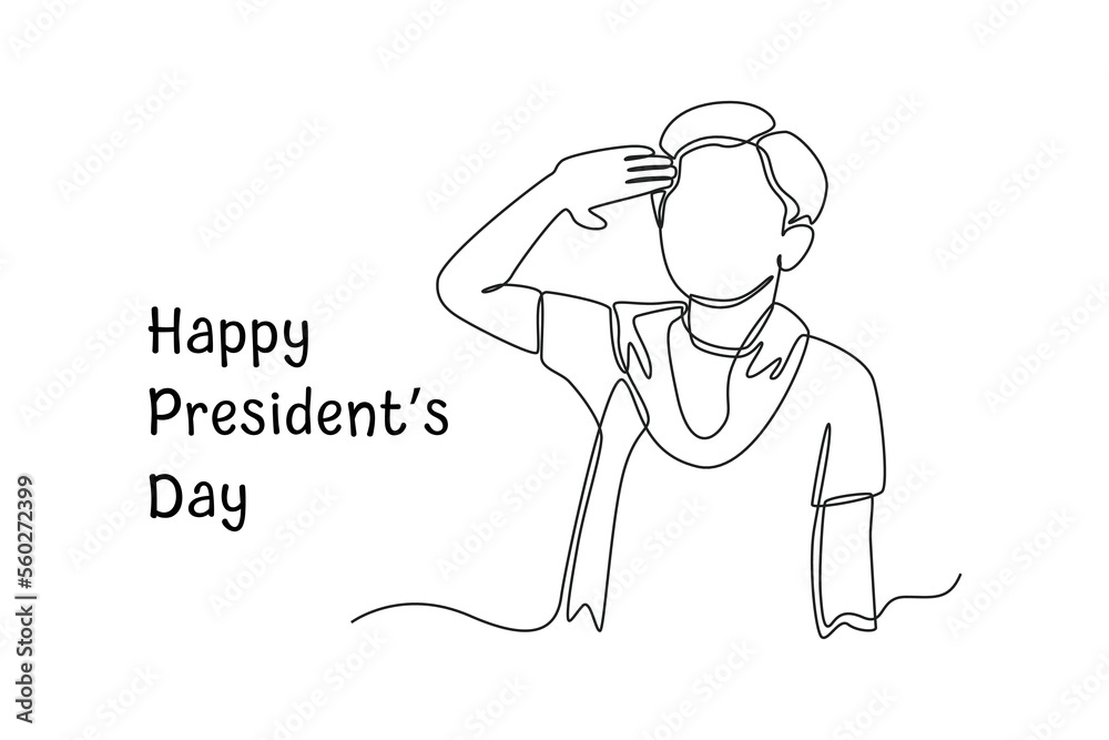 Single one line drawing little boy saluting at the celebration of presidents day. Presidents Day Concept. Continuous line draw design graphic vector illustration.