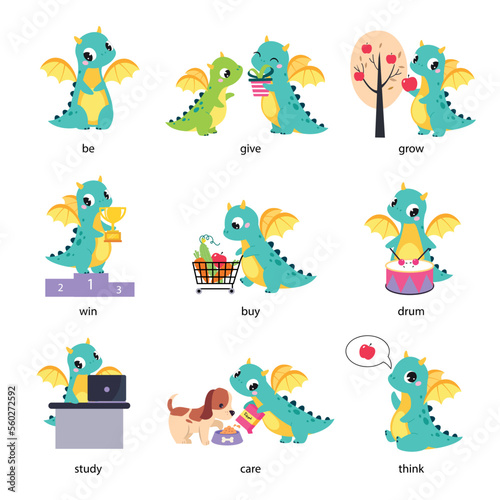 Funny Dragon Character and English Verbs Learning Vector Set