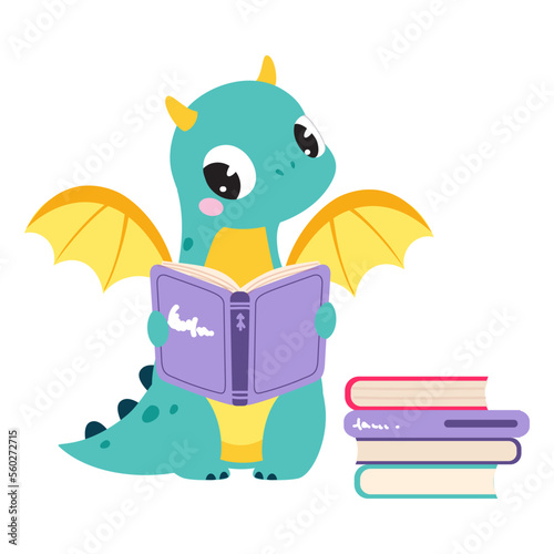 Cute Turquoise Little Dragon with Wings Sitting and Reading Book Vector Illustration