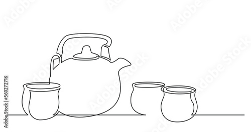 continuous line drawing of chinese tea pot and tea cups - PNG image with transparent background