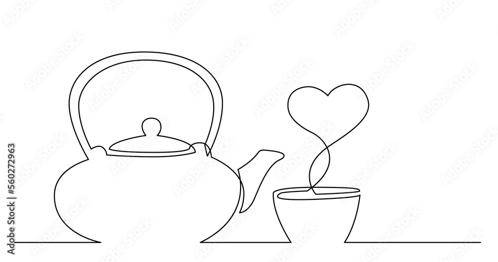 continuous line drawing of tea kettle and cup of tea with heart shape vapor - PNG image with transparent background continuous line drawing of tea kettle and cup of tea with heart shape vapor - PNG image with transparent background