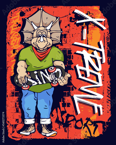 Art. Cool dinosaur. Triceratops rides a skateboard. Vector illustration. grunge. Fan t-shirt design. print. Dinosaur character design. Fashion illustration drawing for clothes fabrics