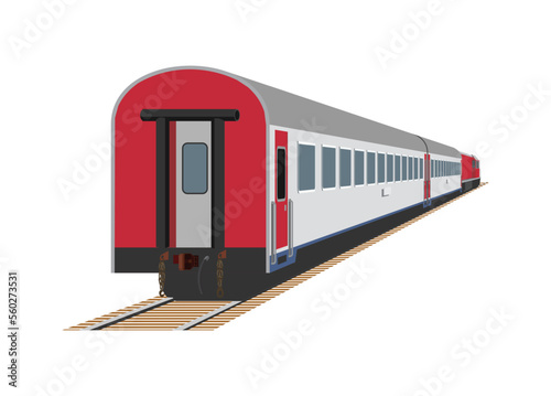 Passenger train in perspective view. Back view. Simple flat illustration.