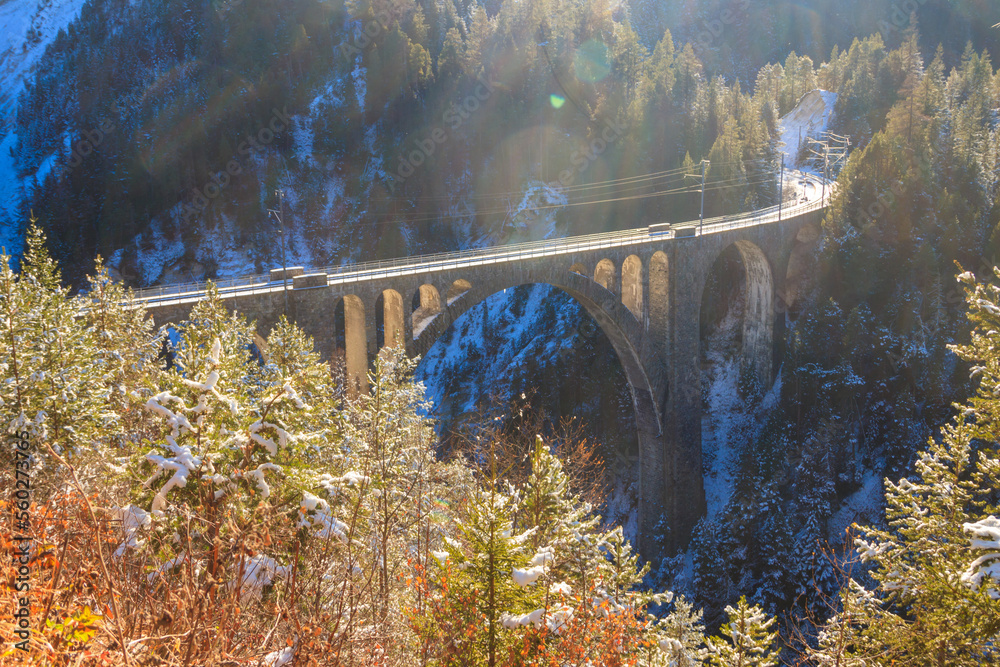 View of Wiesen Viaduct, Rhaetian railway, Graubunden in Switzerland at winter View of Wiesen Viaduct, Rhaetian railway, Graubunden in Switzerland at winter
