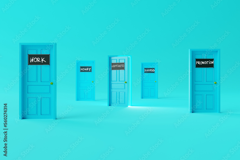 Many doors with different inscriptions like work, money, promotion and the open door of happiness. Concept of choices in life, choice of happiness. 3d render.