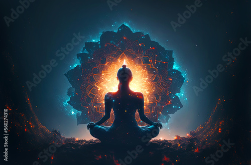 Fototapeta Woman sitting in yoga lotus pose and her connection to meditative space