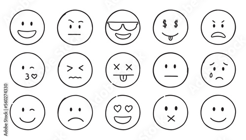 Emoji doodle icons. Set of happy, sad, smiling faces. Funny emoticons in sketch style.  Hand drawn vector illustration isolated on white background