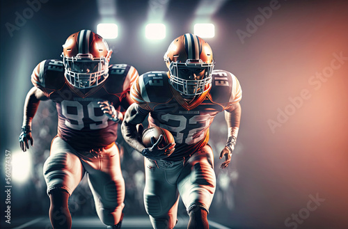 wo american football players are running to the pitch. Postproducted generative AI digital illustration.