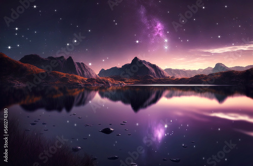 Starry night above lake with stars shine at nightfall. Postproducted generative AI digital illustration.