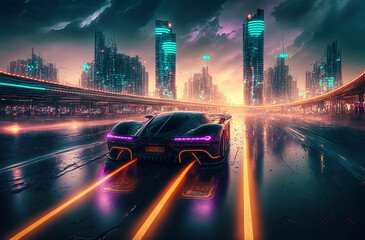 Wandcirkels Auto Sportwagen op futuristische neonsnelweg  © LeArchitecto