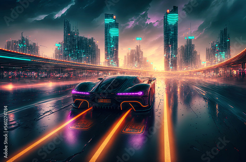Tablou canvas Speedway with riding sport car in futuristic city with neon lights