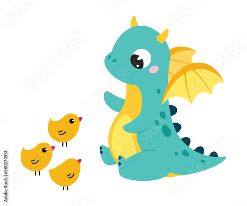 Cute Turquoise Little Dragon with Wings Talking to Yellow Chicks Vector Illustration