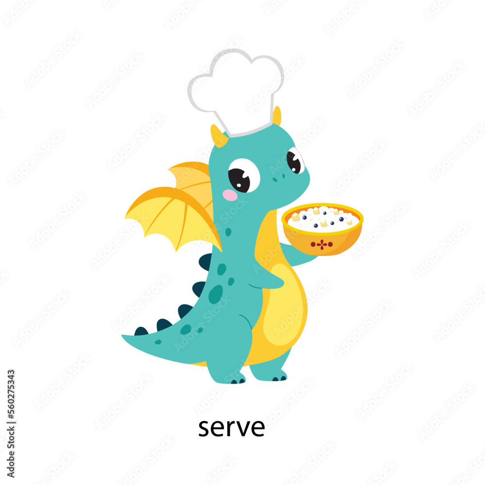 Obraz premium Funny Dragon Character Serving Dish Demonstrating English Verb Vector Illustration