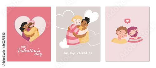 Gretting card of Cute couple hugging for valentine's day, vector illustrations, diverse couple, lgbtq