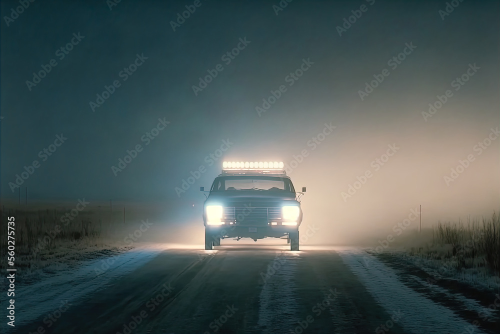 A mysterious car waits on a snowy lonely road. A mysterious car waits on a snowy lonely road.