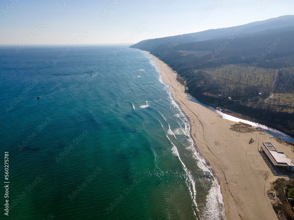 Fototapeta premium Aerial view of Vaya beach at Irakli area, Bulgaria